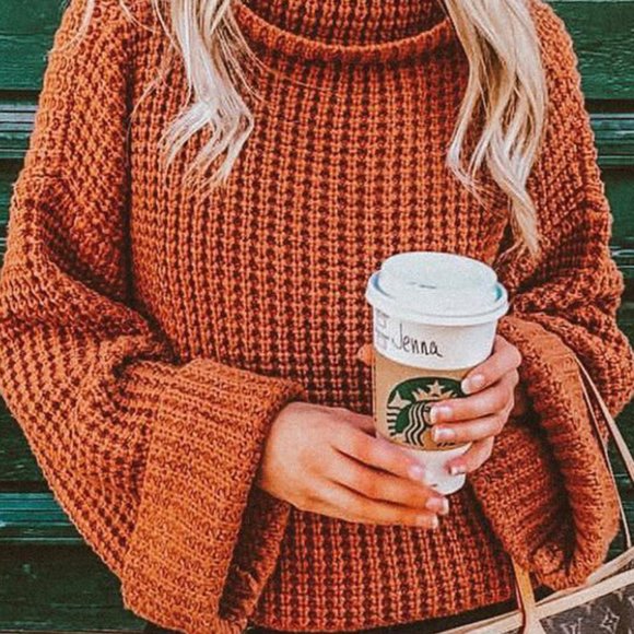 LAST Pumpkin Waffle Knit Turtle Neckline Sweater - Picture 2 of 6